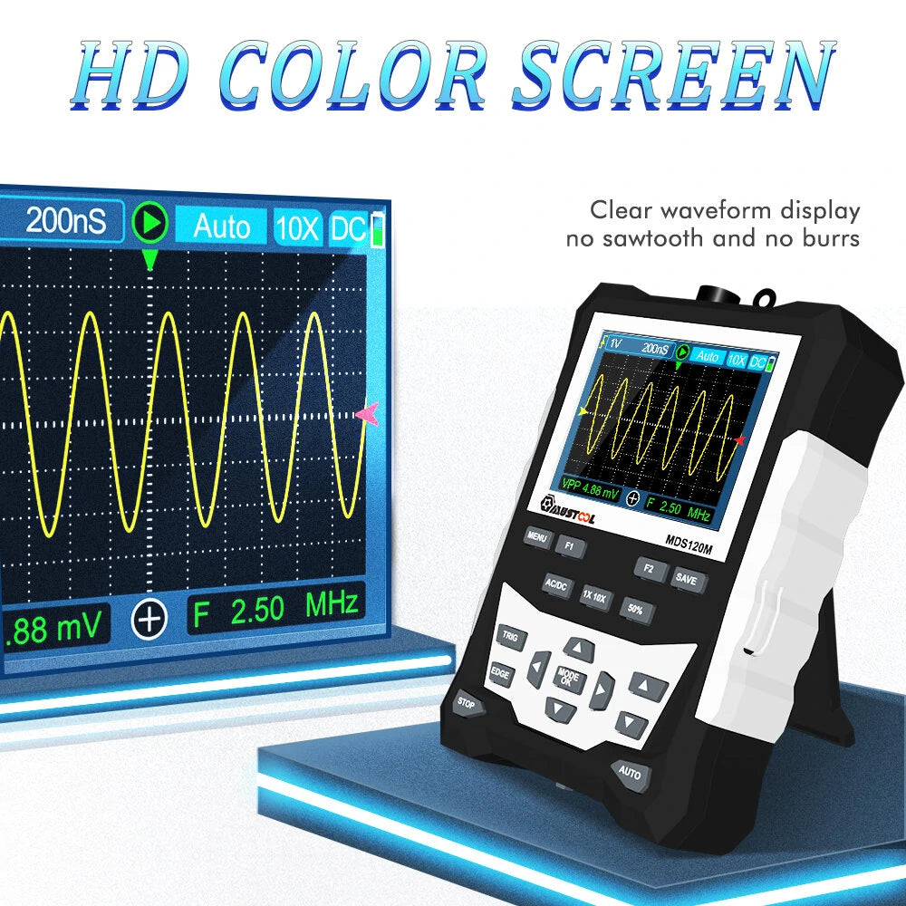 MUSTOOL MDS120M Digital Oscilloscope, 120MHz Bandwidth, 500MS/s, 320x240 LCD, Waveform Storage, Backlit