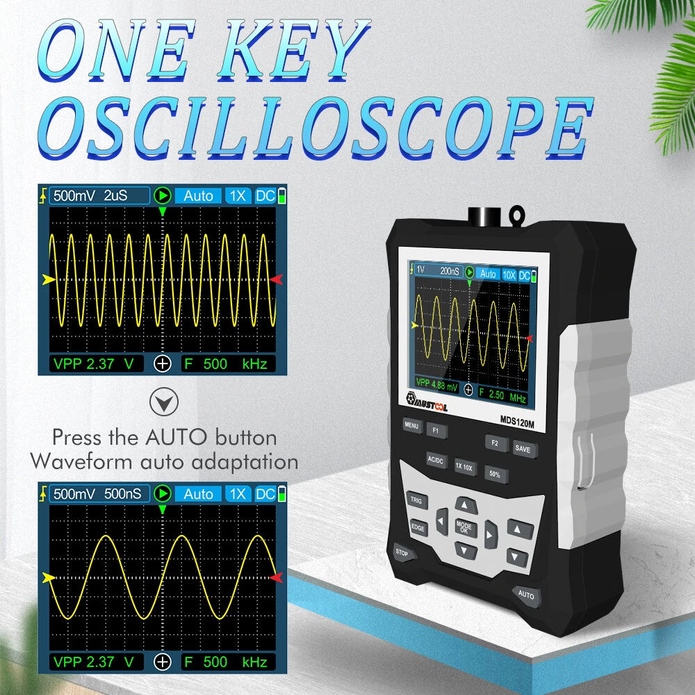 MUSTOOL MDS120M Digital Oscilloscope, 120MHz Bandwidth, 500MS/s, 320x240 LCD, Waveform Storage, Backlit