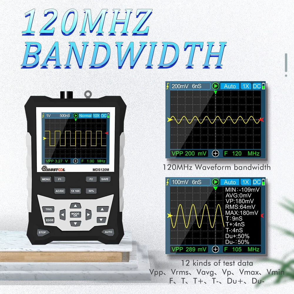 MUSTOOL MDS120M Digital Oscilloscope, 120MHz Bandwidth, 500MS/s, 320x240 LCD, Waveform Storage, Backlit