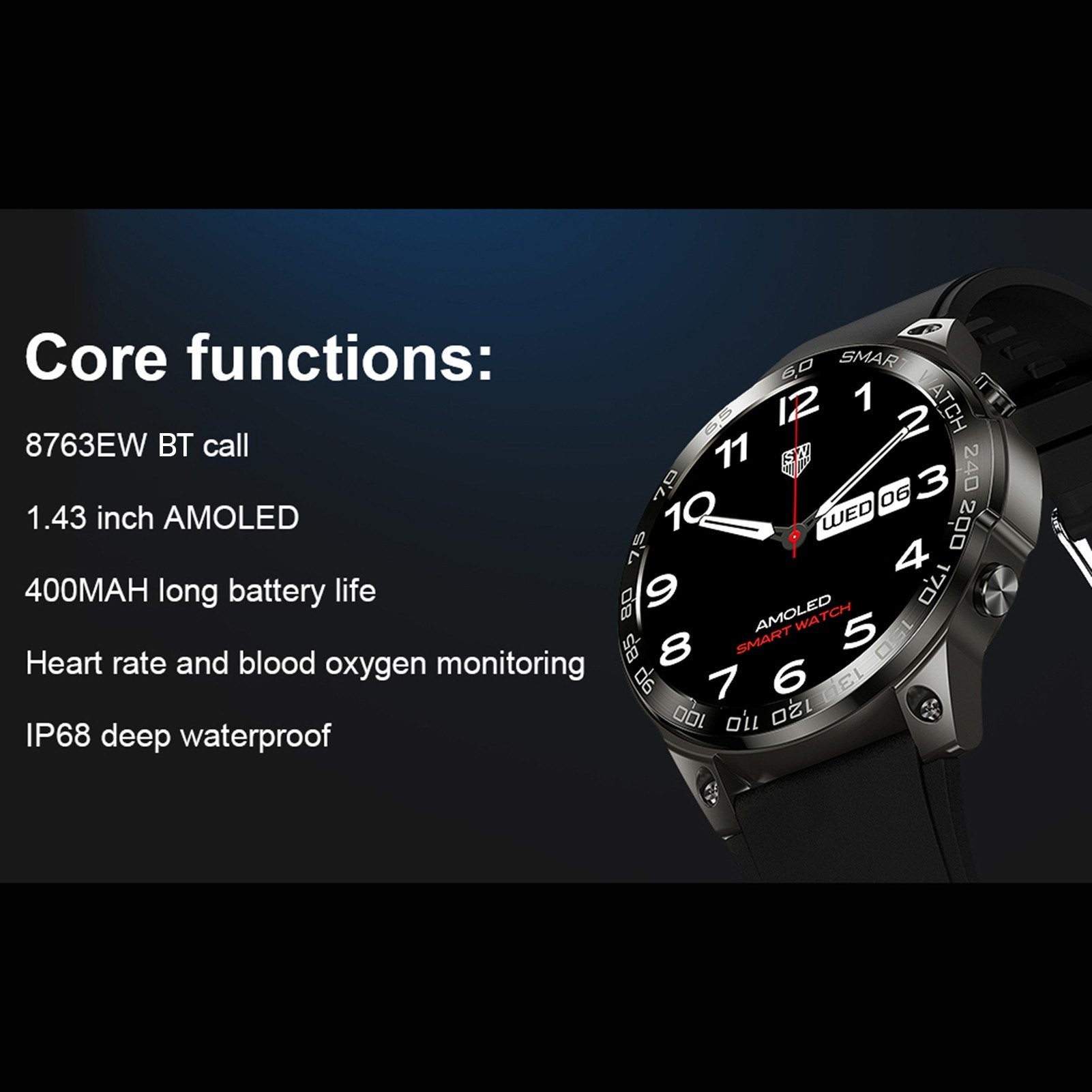 DM50 Smartwatch 1.43 HD Touchscreen, IP68 Waterproof Fitness Tracker for Android & iOS