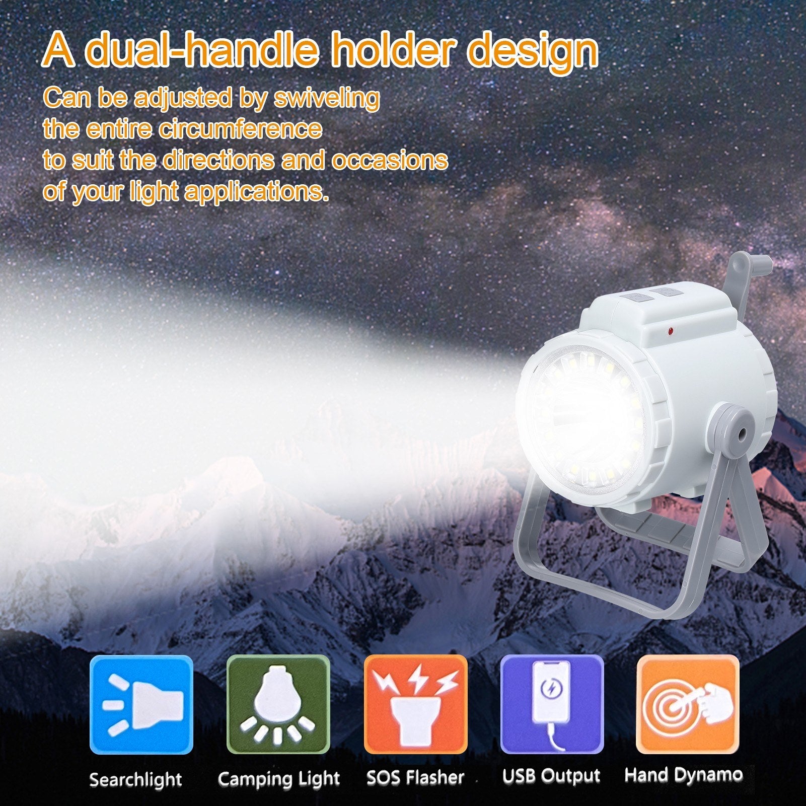 3-in-1 Portable Camping Lamp: Hand Crank Tent Light, Searchlight, SOS Flashlight with Adjustable Three-Color Temperatures