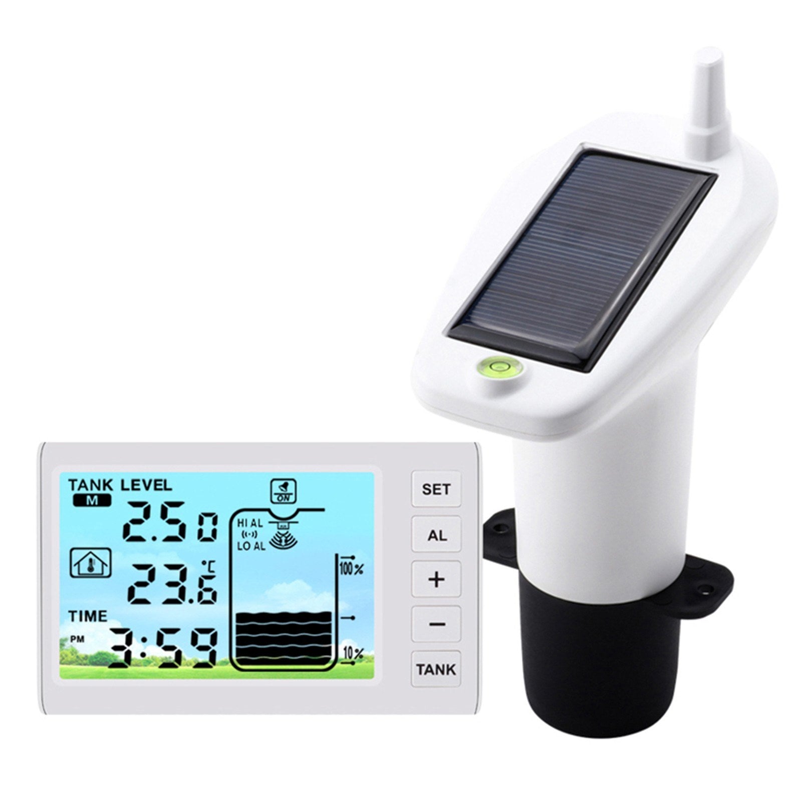 Solar-Powered Wireless Ultrasonic Water Level Monitor with High/Low Alarm and IP65 Waterproof Indicator Gauge