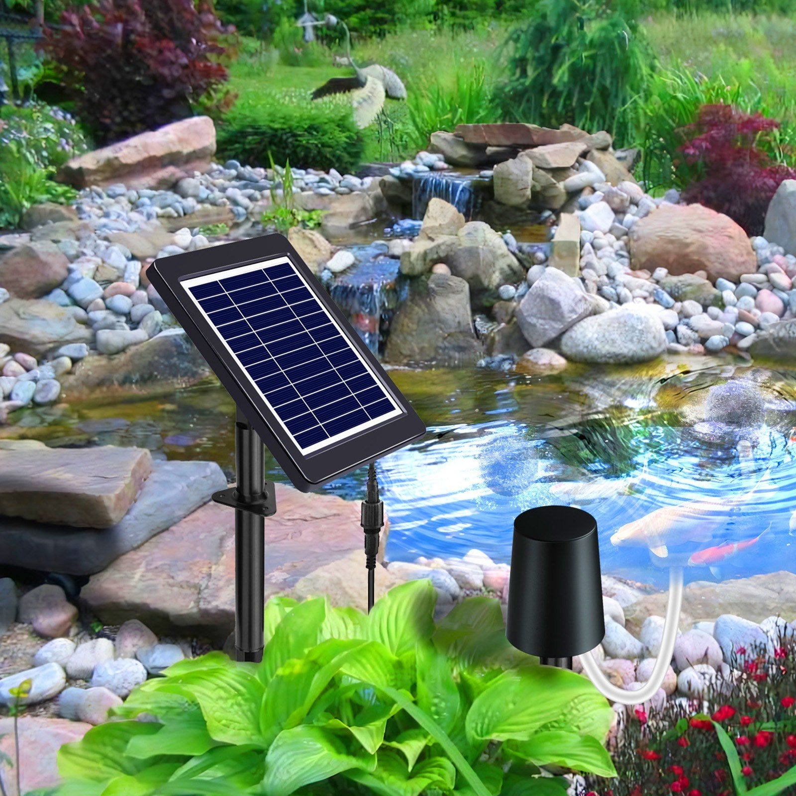 Solar Pond Aerator with 4W Air Pump, 3 Modes, No Noise, Includes Pipe & 2 Air Stones for Pond, Stock Tank, Fishing, Hydroponics