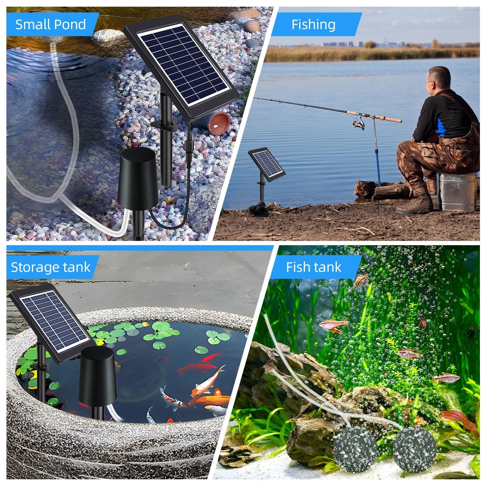 Solar Pond Aerator with 4W Air Pump, 3 Modes, No Noise, Includes Pipe & 2 Air Stones for Pond, Stock Tank, Fishing, Hydroponics
