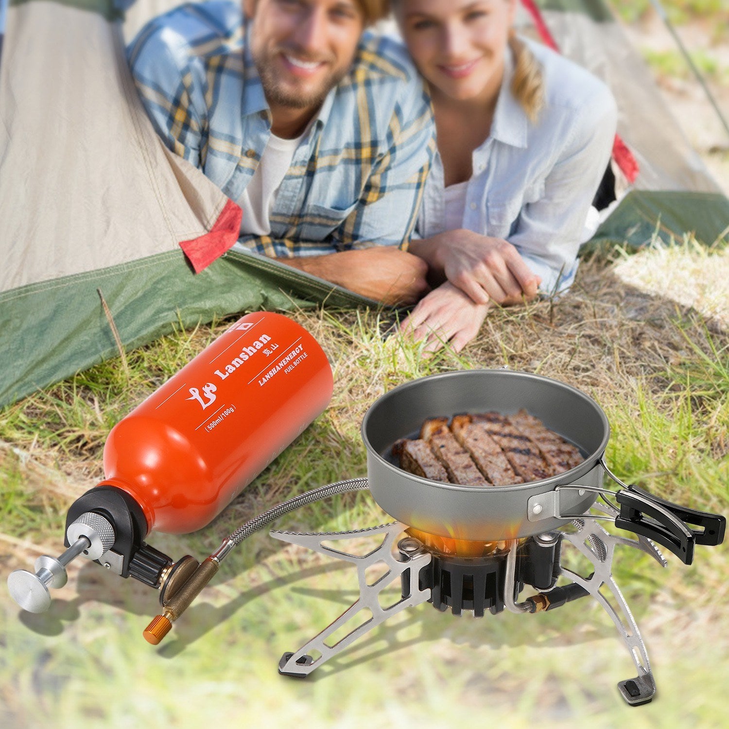 Multi-Fuel Camping Stove with 500ml Fuel Bottle for Gasoline, Diesel, and Alcohol