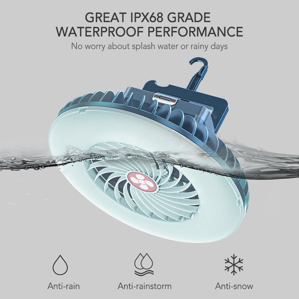 USB Rechargeable Portable Camping Fan & LED Lantern with 2400mAh Battery and Hook