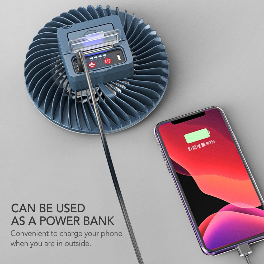 USB Rechargeable Portable Camping Fan & LED Lantern with 2400mAh Battery and Hook