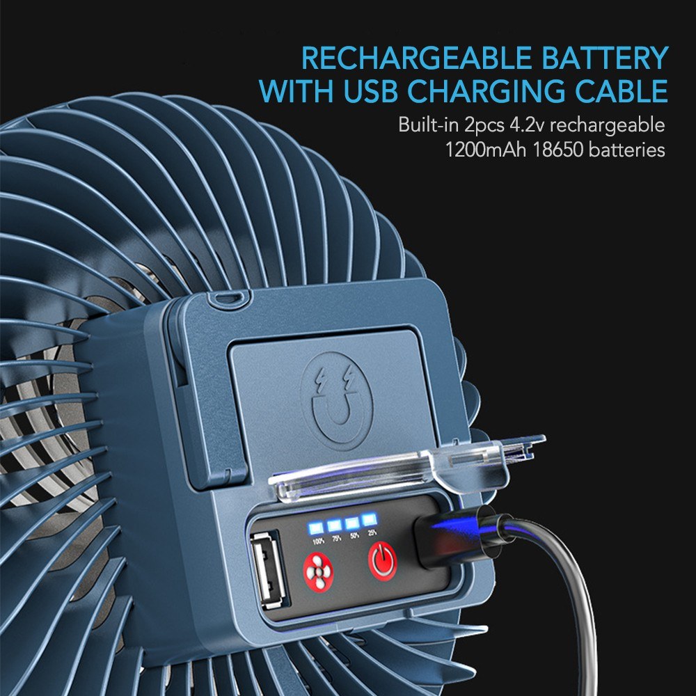 USB Rechargeable Portable Camping Fan & LED Lantern with 2400mAh Battery and Hook