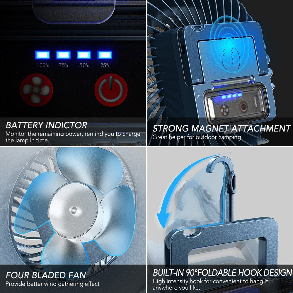 USB Rechargeable Portable Camping Fan & LED Lantern with 2400mAh Battery and Hook