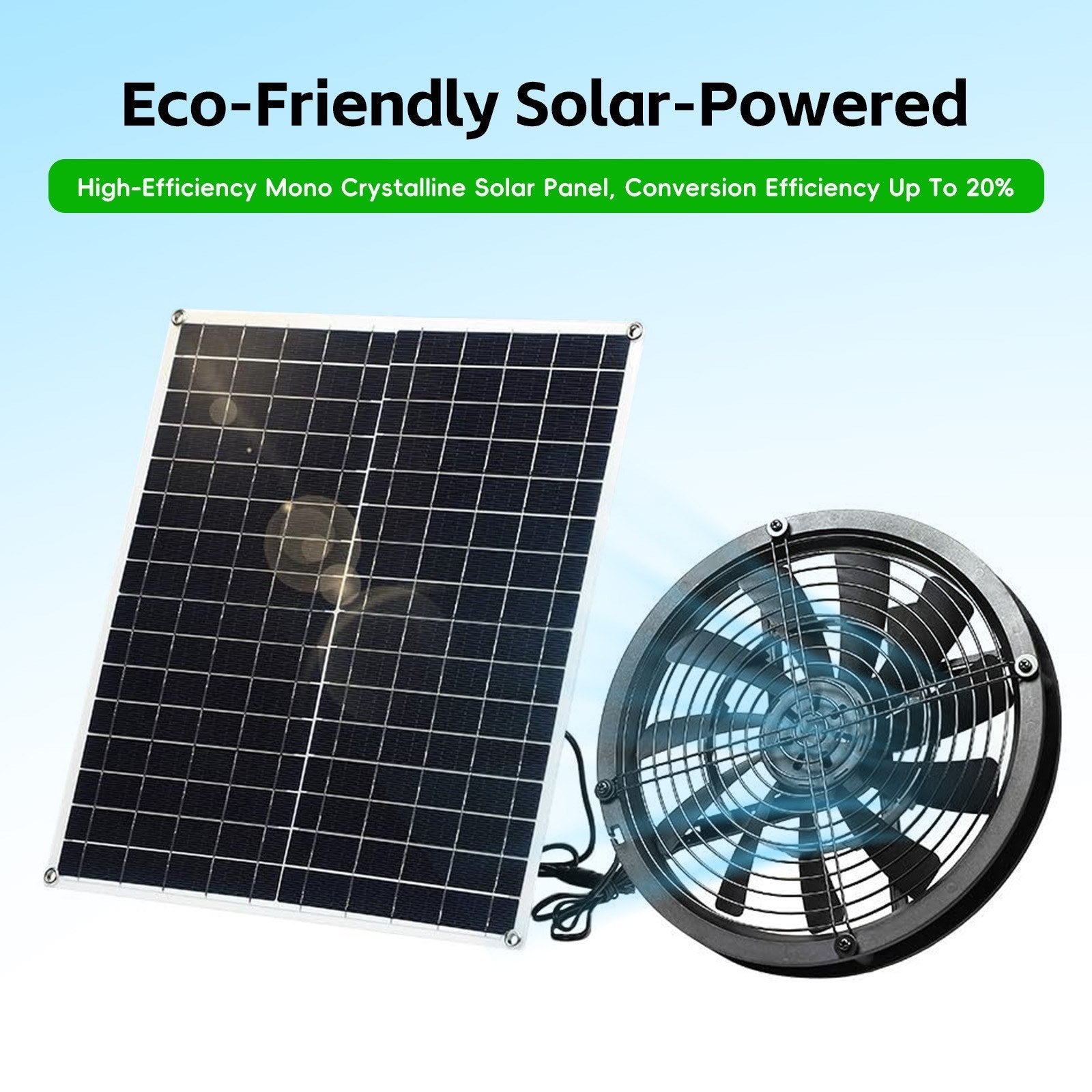 20W Solar Powered Outdoor Fan Kit - 3000 RPM, IP65 Waterproof for Camping, Homes, RVs, Greenhouses, and Animal Use
