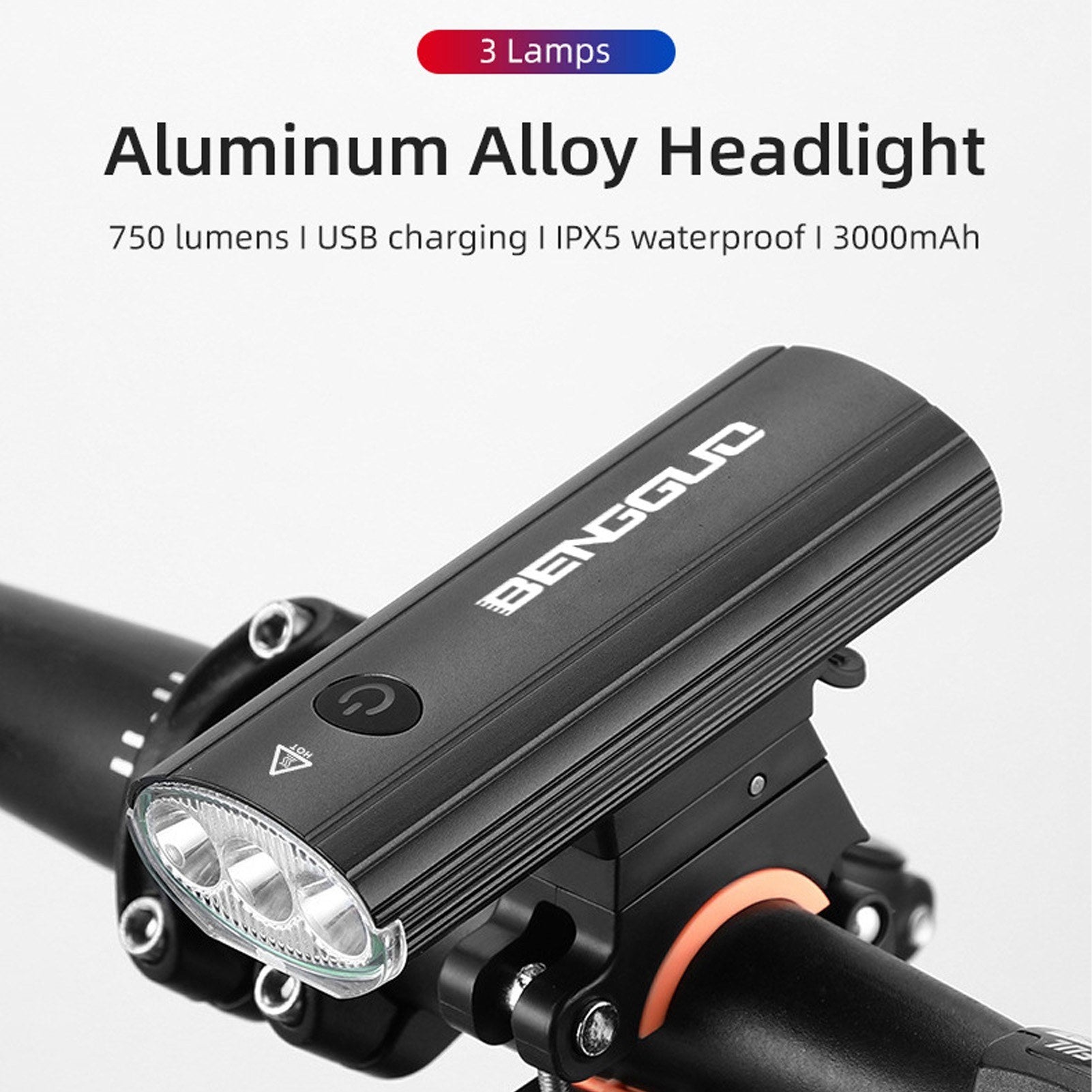 Rechargeable LED Bike Headlight - USB Charging, Water-Resistant, 3000mAh Power Bank with Adjustable Mount