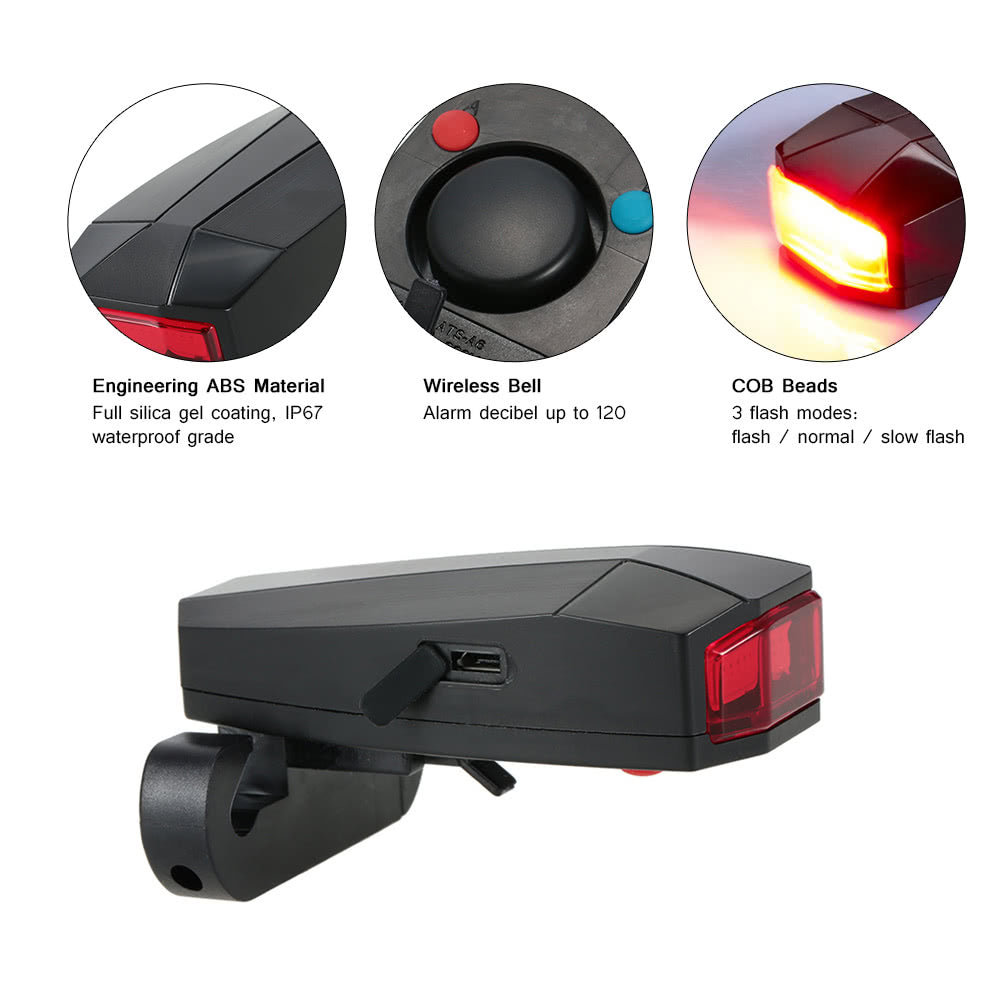 Intelligent Anti-Theft Bike Taillight: LED Alarm & Strobe with Wireless Remote, USB Rechargeable Electric Bell for MTB Cycling