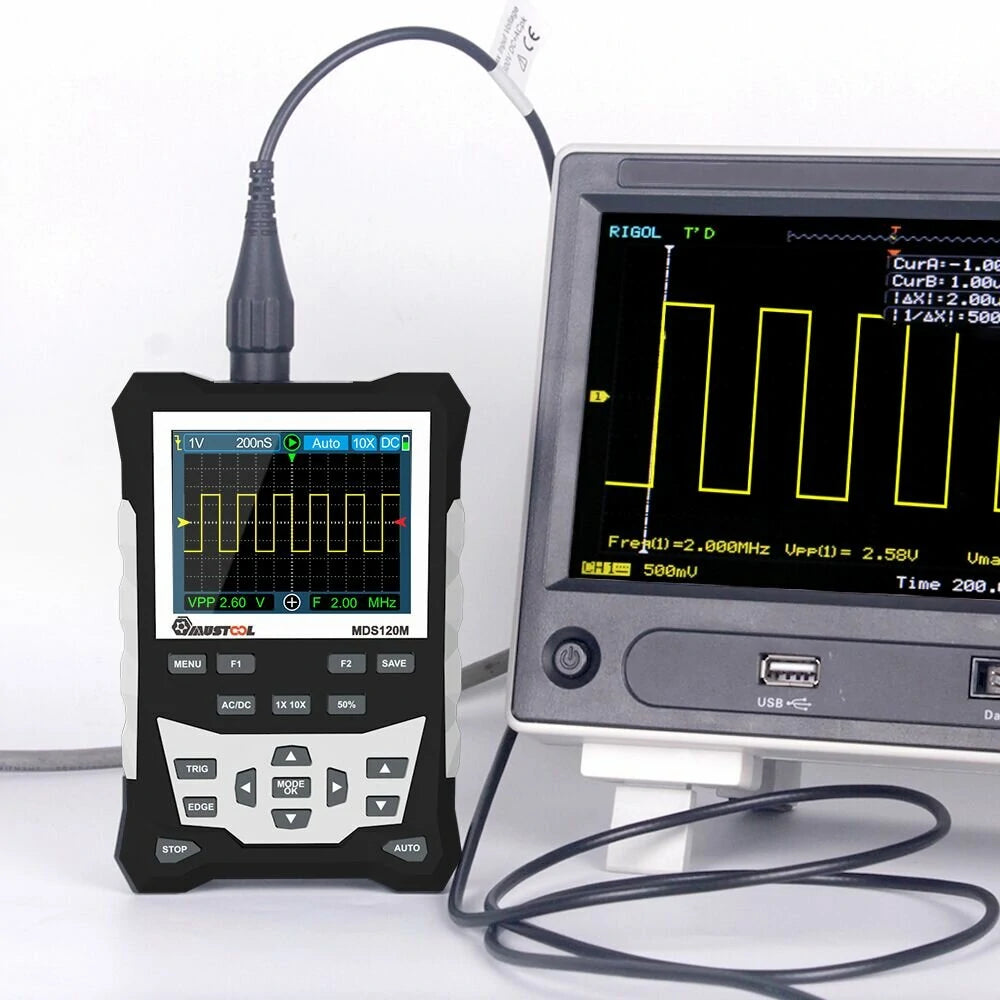 MUSTOOL MDS120M Digital Oscilloscope, 120MHz Bandwidth, 500MS/s, 320x240 LCD, Waveform Storage, Backlit